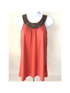 Vanity Sleeveless Top Size M Orange with Brown Beaded Scoop Neckline New w Tags